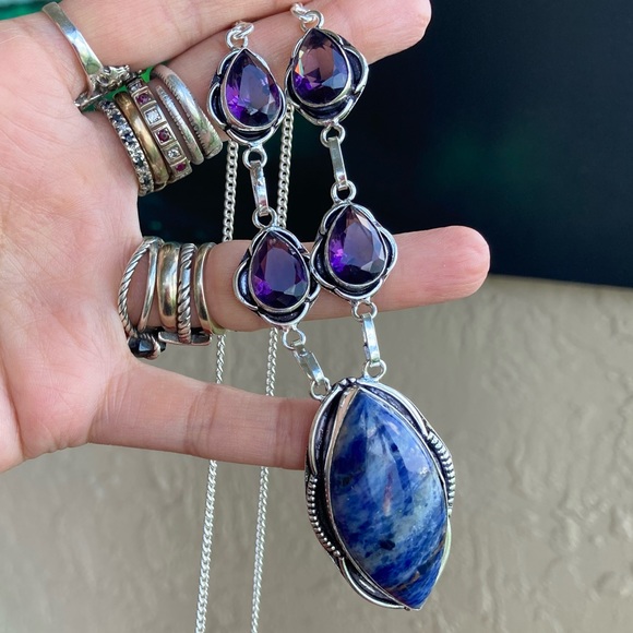 925 sterling silver overlay purple amethyst & blue sodalite stone boho necklace - Picture 11 of 15